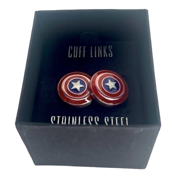Marvel Avengers Cufflinks Captain America silver star red and blue - Picture 2 of 13